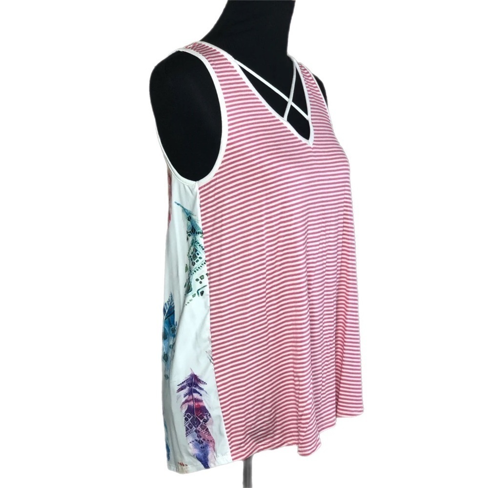 Striped & Aztec Feather Criss Cross Tank-‎ Pink
